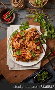 Stir fried noodles with shrimps and vegetables. 