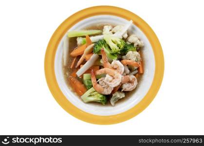 stir-fried shrimp with mixed vegetables on dish over white background. stir-fried shrimp with mixed vegetables