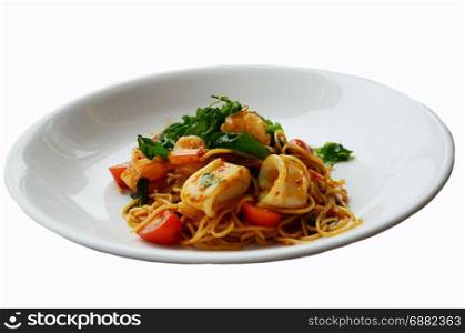 stir fried squid spicy with spagheti on white background