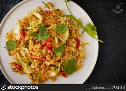 Stir fried squid with curry powder, Thai food