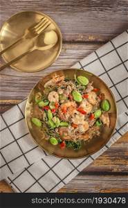 Stir-Fried Twisted Cluster Bean with Shrimps/Butter Bean , Thai spicy dishes. Stir-Fried Twisted Cluster Bean with Shrimps