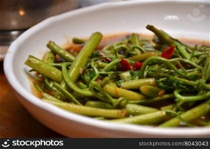 Stir fried water mimosa with chillis. Thai Food recipes