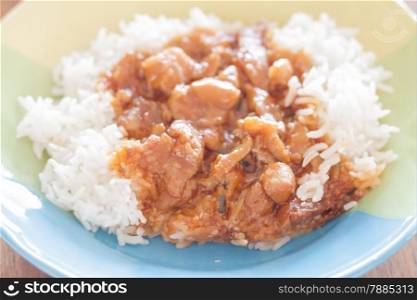 Stirred pork with sauce top on rice, stock photo