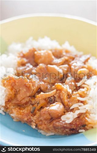 Stirred pork with sauce top on rice, stock photo