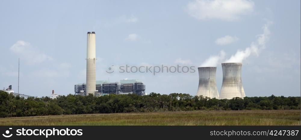 stitched pano of the two unit power plant near the St. John&rsquo;s River near Jacksonville, Florida