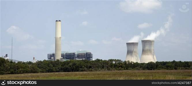 stitched pano of the two unit power plant near the St. John&rsquo;s River near Jacksonville, Florida