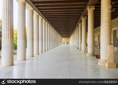 Stoa of Attalos, the exterior colonnade, The Ancient Agora of Classical Athens, Greece. Agora of Athens, Greece