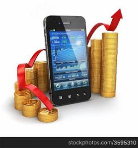 Stock exchange application on mobile and graph from coins. 3d