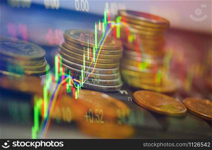 Stock exchange market or forex trading graph analysis investment indicator gold coin / Business charts of financial board display candlestick double exposure growth money economic