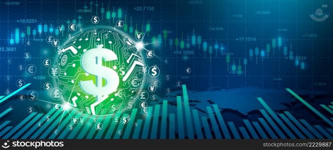Stock market and forex trading graph. Financial investment and Economic trends with candlestick background. Modern technology, Online banking, financial communication Concept. 3D illustration.