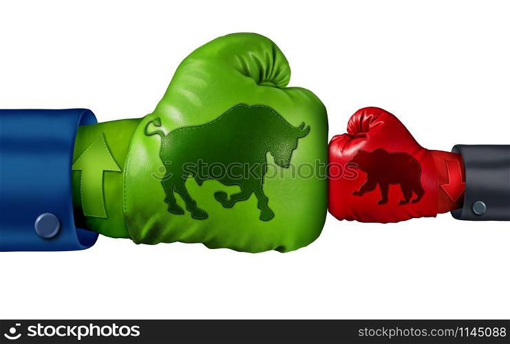 Stock market bullish economics and investing in a bull economic period as a financial and finance battle with strong positive market forces with 3D illustration elements.