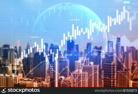 Stock market business concept. Financial graphs and digital indicators with modernistic urban area and skyscrapers as background. Double Exposure.. Financial graphs and modernistic cityscape as background for business concept.