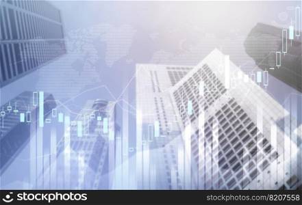 Stock market business concept. Financial graphs and digital indicators with modernistic urban area and skyscrapers as background. Double Exposure.. Financial graphs and modernistic cityscape as background for business concept.