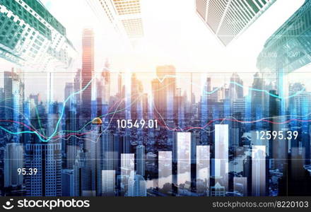 Stock market business concept. Financial graphs and digital indicators with modernistic urban area and skyscrapers as background. Double Exposure.. Financial graphs and modernistic cityscape as background for business concept.