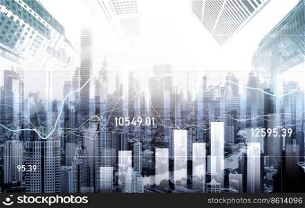 Stock market business concept. Financial graphs and digital indicators with modernistic urban area and skyscrapers as background. Double Exposure.. Financial graphs and modernistic cityscape as background for business concept.