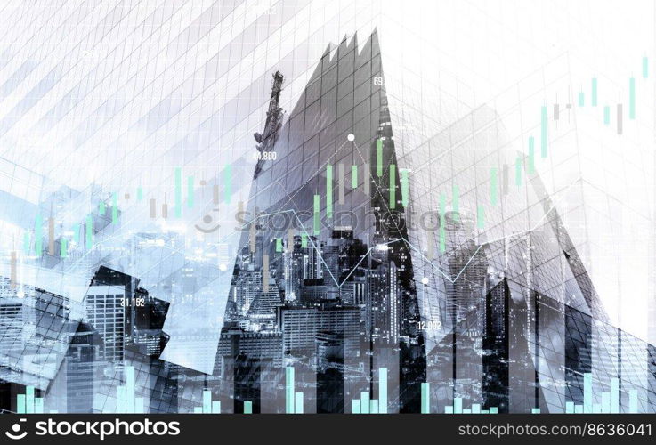 Stock market business concept. Financial graphs and digital indicators with modernistic urban area and skyscrapers as background. Double Exposure.. Financial graphs and modernistic cityscape as background for business concept.