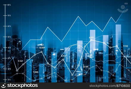 Stock market business concept. Financial graphs and digital indicators with modernistic urban area and skyscrapers as background. Double Exposure.. Financial graphs and modernistic cityscape as background for business concept.