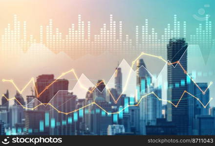 Stock market business concept. Financial graphs and digital indicators with modernistic urban area and skyscrapers as background. Double Exposure.. Financial graphs and modernistic cityscape as background for business concept.