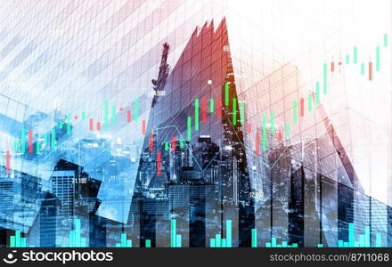 Stock market business concept. Financial graphs and digital indicators with modernistic urban area and skyscrapers as background. Double Exposure.. Financial graphs and modernistic cityscape as background for business concept.