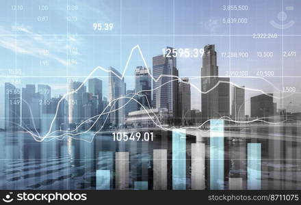 Stock market business concept. Financial graphs and digital indicators with modernistic urban area and skyscrapers as background. Double Exposure.. Financial graphs and modernistic cityscape as background for business concept.