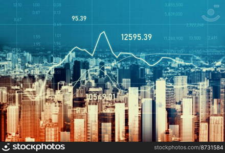 Stock market business concept. Financial graphs and digital indicators with modernistic urban area and skyscrapers as background. Double Exposure.. Financial graphs and modernistic cityscape as background for business concept.