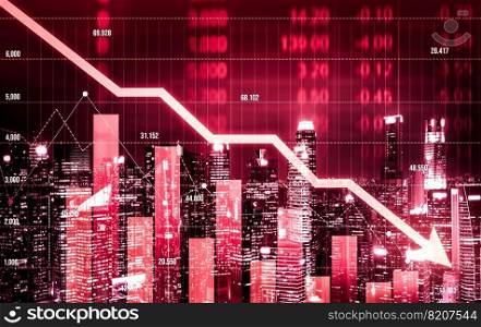 Stock market crash, declined economic, graph falling down and digital indicators overlaps modernistic city. Double exposure.. Declined economic, graph falling down overlaps modernistic city.