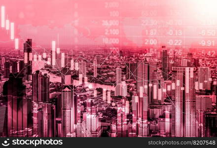 Stock market crash, declined economic, graph falling down and digital indicators overlaps modernistic city. Double exposure.. Declined economic, graph falling down overlaps modernistic city.