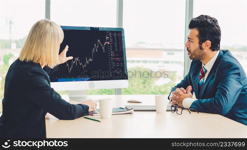 Stock market data chart analysis by ingenious computer software . Investment application display stock market chart on the computer screen and advise trading decision .. Stock market data chart analysis by ingenious computer software