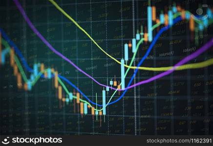 Stock market exchange graph price with investment of business financial digital background / Candle stick charts stock or forex trading indicator on computer monitor for investors