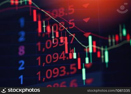 Stock market exchange loss trading graph analysis investment indicator business graph charts of financial board display candlestick double exposure crisis stock crash red price chart fall money