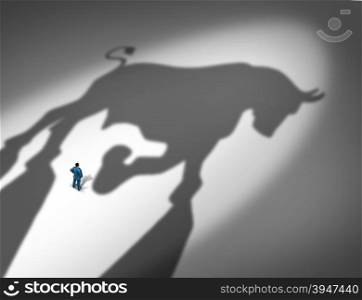 Stock market growth indicator and financial business trend concept as the cast shadow of a bull looming over a businessman as a profit and positive forecast signal for future investment success.