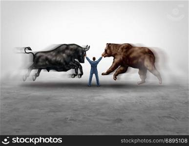 Stock market management and financial economic advisor expert managing bear and bull markets as a finance and trading equities metaphor as a skilled money managing consultant in a 3D illustration style.