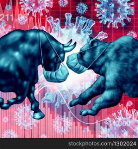 Stock market pandemic and virus fear or bull and bear economic crisis and sick financial health as a business recession concept for uncertainty in the economy investing with 3D illustration elements.