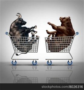 Stock market shopping and trading decision financial concept as a bear and a bull inside a shop cart as an investing and investment dilemma symbol with 3D illustration elements.