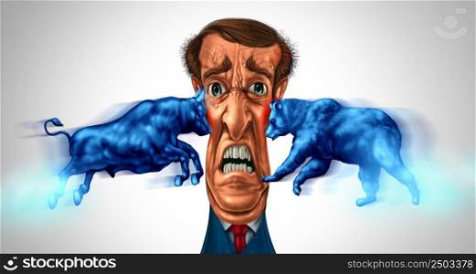 Stock market stress and investor anxiety or investing worry as a stock broker businessman feeling the financial pain with a bull and bear pressure in a 3D illustration style.