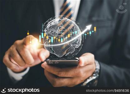 Stock market trading and growth concept. Trader man points at a virtual hologram stock on a screen, illustrating the potential of investment planning and strategy for achieving financial growth.