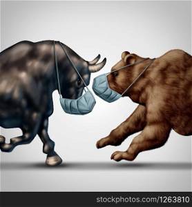 Stock market virus fear or bull and bear economic crisis and sick financial health as a business recession concept or metaphor for uncertainty in the economy investing sentiment in a 3D illustration style.
