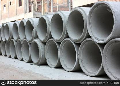 stock of big cement drain waiting for making infarstructure insite.