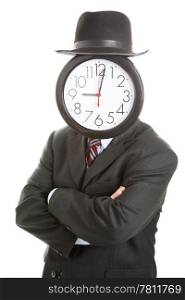 Stock photo of anonymous businessman with a clock for a face, standing with his arms folded. Isolated on white.