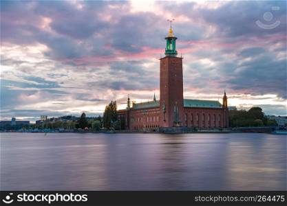 Stockholm City Hall or Stadshuset at sunset in the Old Town in Stockholm, capital of Sweden. City Hall at sunset, Stockholm, Sweden