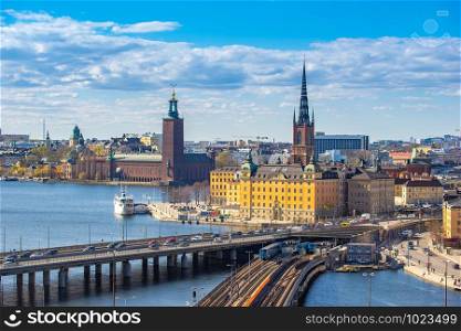 Stockholm city skyline with view of Gamla Stan in Stockholm, Sweden.