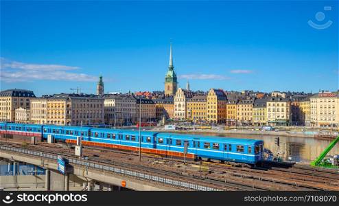 Stockholm cityscape with a train in Stockholm city, Sweden.