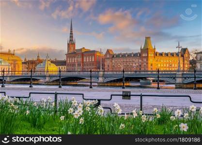Stockholm old town city skyline, cityscape of Sweden at sunset