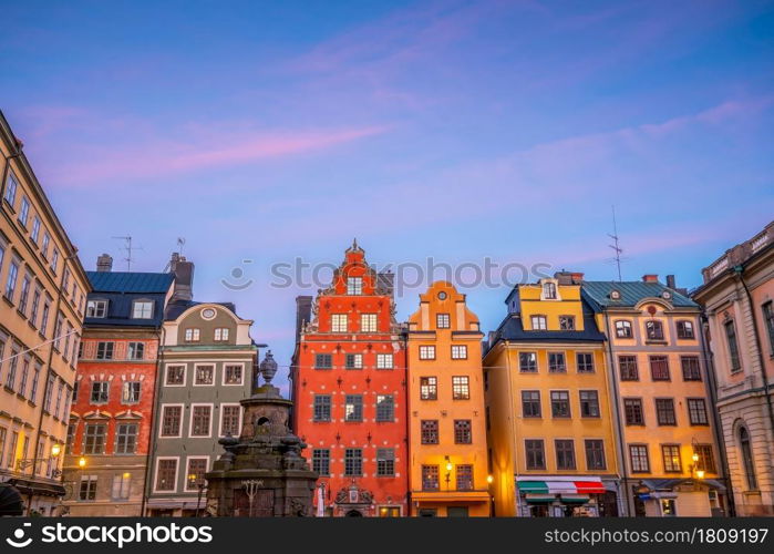 Stockholm old town city skyline, cityscape of Sweden at sunset