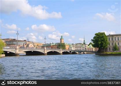 Stockholm, panorama of Parliament House, Norrbro bridge, spire of Riddarholmen Church and City Hall, Sweden