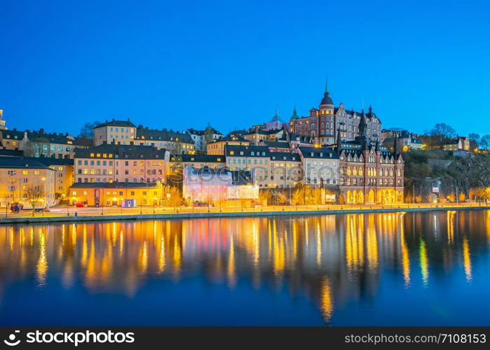 Stockholm skyline at night in Stockholm city, Sweden.