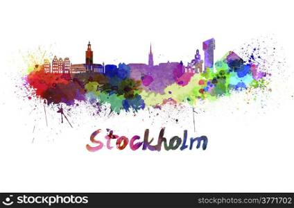 Stockholm skyline in watercolor splatters with clipping path. Stockholm skyline in watercolor