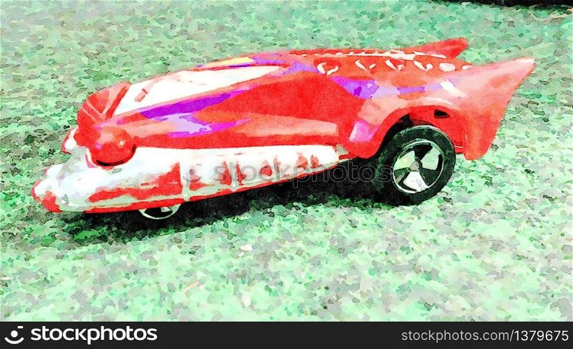Stockholm, Sweden, April 16,2020. Watercolor representing a custom red racing car. Watercolor representing a custom red racing car