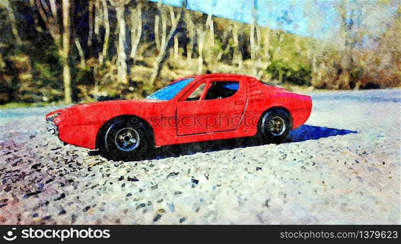 Stockholm, Sweden, April 16,2020. Watercolor representing a famous red sports car. Watercolor representing a famous red sports car