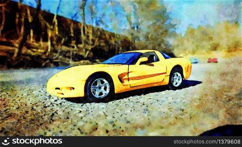 Stockholm, Sweden, April 16,2020. Watercolor representing a famous yellow sports car. Watercolor representing a famous yellow sports car